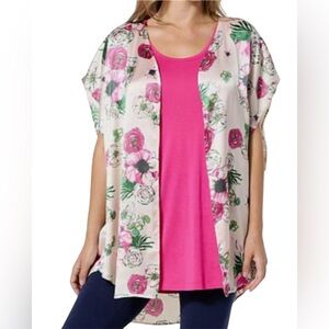 Hue 2-piece Printed Ruana Floral Pink Jacket & Tank Top Set Size Large New Boho